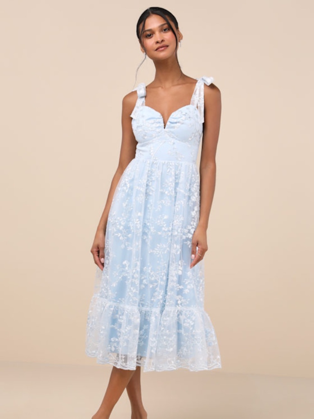 Lulus Distinctly Sweet Blue Floral Embroidered Tie-strap Midi Dress - Size M